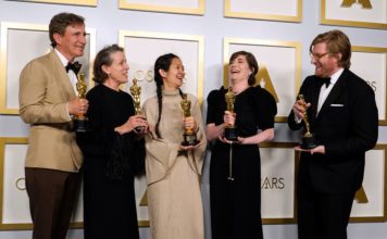 “Nomadland” Takes Home Three Oscars at 2021 Academy Awards Producers Peter Spears (from left), Frances McDormand, Chloe Zhao, Mollye Asher and Dan Janvey, winners of the award for best picture for "Nomadland" at the Oscars 93rd Annual Academy Awards