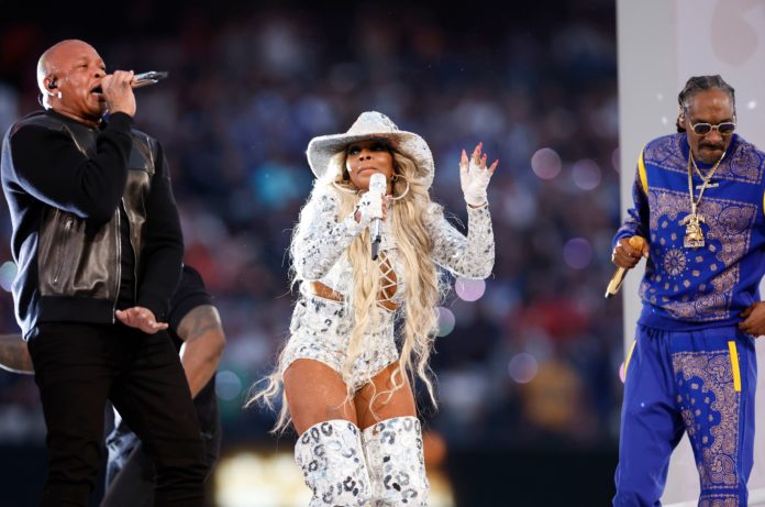 Dr. Dre, Mary J Blige and Snoop Dogg perform during the halftime show at Super Bowl LVI.